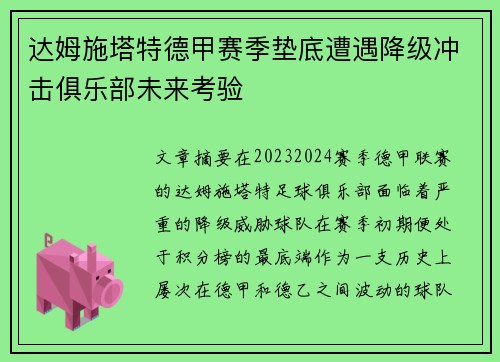 达姆施塔特德甲赛季垫底遭遇降级冲击俱乐部未来考验